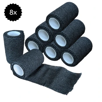 Acht Rollen schwarzes Tierpflegeband, gestapelt und eine abgerollt, die eine strukturierte Oberfläche zeigt.