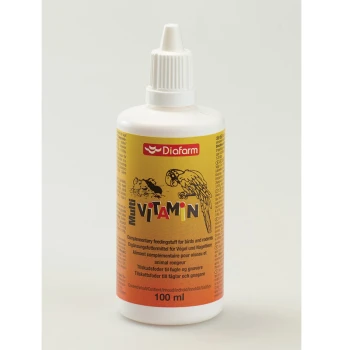 Flasche Diafarm Multi Vitamin für Vögel und Nagetiere, 100 ml, mit buntem Etikett, das einen Papagei und kleine Tiere zeigt.