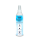 Flasche mit Haustiershampoo, beschriftet mit 'Shampoo Care', mit einem blau-weißen Design, das Text über feuchtigkeitsspendende und pflegende Eigenschaften enthält.