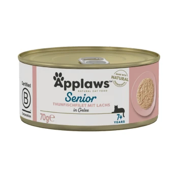 Applaws Senior Thunfisch & Lachs in Gelee 24x70g Applaws Senior Katzenfutterdose mit Thunfisch und Lachs in Gelee, 70g Größe, mit einem pinken und goldenen Design, gekennzeichnet für Katzen ab 7 Jahren.