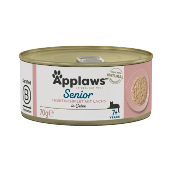 Applaws Senior Katzenfutterdose mit Thunfisch und Lachs in Gelee, 70g Größe, mit einem pinken und goldenen Design, gekennzeichnet für Katzen ab 7 Jahren.