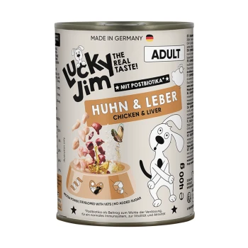 Dose Lucky Jim Adult Hundefutter, Huhn & Leber, Hergestellt in Deutschland, 400 g, Etikett 'Mit Postbiotika'.