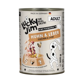 Dose Lucky Jim Adult Hundefutter, Huhn & Leber, Hergestellt in Deutschland, 400 g, Etikett 'Mit Postbiotika'.