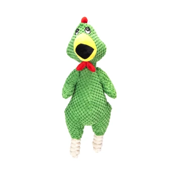 Grünes plüschiges Papageienspielzeug mit einem gelben Schnabel, rotem Schal und weißen Füßen, entworfen für Haustiere.