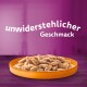 Un fond violet vibrant met en avant une assiette de nourriture pour animaux avec "unwiderstehlicher Geschmack" (goût irrésistible) au-dessus.