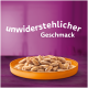 Een levendige paarse achtergrond toont een bord met huisdierenvoer met "unwiderstehlicher Geschmack" (onweerstaanbare smaak) erboven.