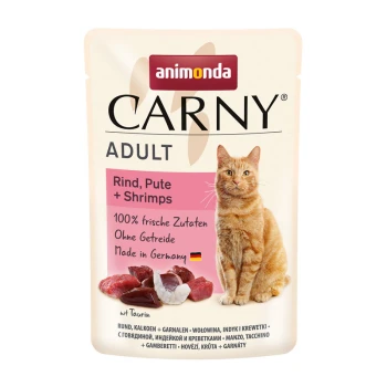 Carny nourriture humide pour chat adulte Bœuf, dinde et crevettes 12x85 g Sachet de nourriture pour chat Animonda Carny pour adultes, présentant un chat tigré et étiqueté "Rind, Pute + Shrimps," mettant en avant des ingrédients frais et sans céréales.