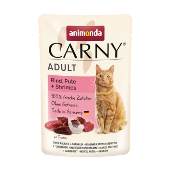 Saszetka karmy dla kotów Animonda Carny dla dorosłych, z tabby kotem i oznaczeniem "Rind, Pute + Shrimps," podkreślająca świeże, bezglutenowe składniki.