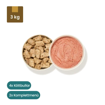 Haustierfutterprodukte: zwei "Köttbullar"-Tüten (Huhn und Lachs) und eine "Komplettmenü"-Tüte, plus Schalen mit Trockenfutter und Pâté.