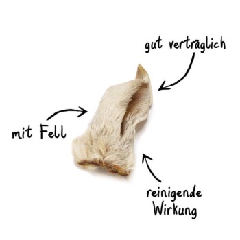 Getrocknetes Tierohr mit Fell, beschriftet mit „mit Fell“, „gut verträglich“ und „reinigende Wirkung“ auf Deutsch.