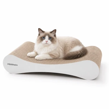 Gebogener Karton-Kratzbaum von PetRhein mit weißen Seiten, entworfen zum Kratzen und Ausruhen für Katzen.