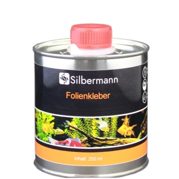 Eine Dose Silbermann Folienkleber mit einem roten Deckel, die eine aquatische Szene mit bunten Fischen und Pflanzen auf dem Etikett zeigt.