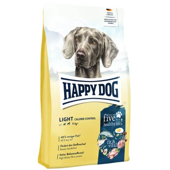 Eine Tüte Happy Dog Light Calorie Control Hundefutter mit einem grauen Hund auf der Vorderseite, mit Text, der "40% weniger Fett" und "steigert den Stoffwechsel" hervorhebt.