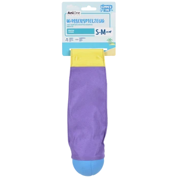 AniOne Wasserspielzeug water toy for dogs, size S-M, purple and yellow fabric with blue ball, summer time label.