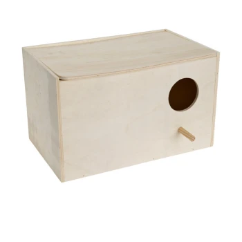 Wooden pet house with a round entrance hole and a small wooden perch, designed for small animals.