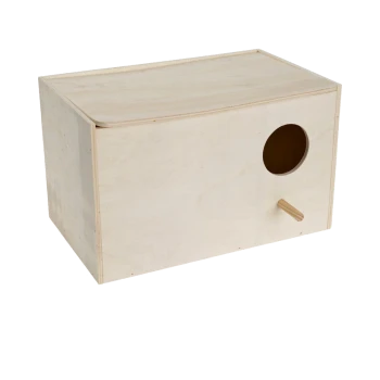 Wooden pet house with a round entrance hole and a small wooden perch, designed for small animals.