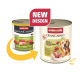 Deux boîtes de nourriture pour chien Animonda GranCarno adulte, ancien et nouveau design, saveur bœuf et lapin aux herbes, étiquette « NOUVEAU DESIGN ».