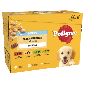 Yellow Pedigree puppy food box reading "PUPPY" and "MIXED SELECTION with rice IN JELLY" with Pedigree logo.