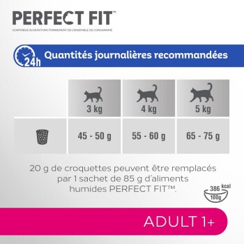 Emballage de nourriture pour animaux avec des directives d'alimentation pour les chats selon leur poids et une note sur le remplacement de la nourriture sèche par de la nourriture humide.