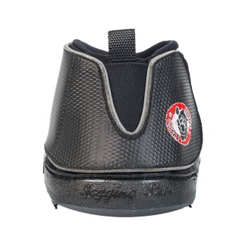 Schwarzer Haustierschuh mit einer strukturierten Oberfläche, mit einem roten und weißen Logo eines Pferdekopfes und dem Text "Jogging Schuh" auf der Sohle.