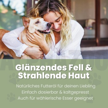Flasche ALPHAZOO Care "Seelenruhe" Haustieröl für ruhige Nächte und entspannte Tage, mit Text, der Vorteile und lokale Produktion hervorhebt.