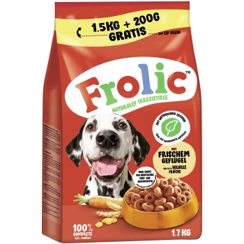 Roter 1,7 kg Beutel Frolic Hundefutter mit 200g gratis, mit Kroketten, einem lächelnden Hund und dem Text "Natürlich unwiderstehlich" und "100% komplett."
