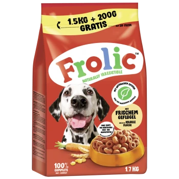 Roter 1,7 kg Beutel Frolic Hundefutter mit 200g gratis, mit Kroketten, einem lächelnden Hund und dem Text "Natürlich unwiderstehlich" und "100% komplett."