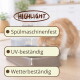 Rotgetigerte Katze frisst aus einem Napf mit Einblendung 'HIGHLIGHT' und drei Stichpunkten: 'Spülmaschinenfest', 'UV-beständig', 'Wetterbeständig'.