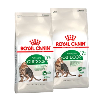 Nourriture pour chats Royal Canin Active Life Outdoor pour les chats de 7 ans et plus, présentant deux sacs avec des images de chats et des détails nutritionnels.