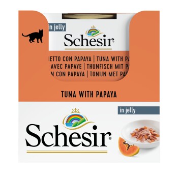 Schesir Thunfisch mit Papaya in Gelee-Verpackung, mit einer Katzensilhouette, Produktname und einer Schüssel mit Thunfisch und Papaya.
