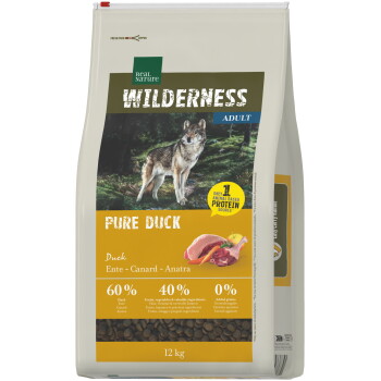 12-kg-Beutel Real Nature Wilderness Adult Tierfutter 'Pure Duck' mit Wolfsbild; Angaben: 60% Ente, 40% Obst/Gemüse, 0% Getreide.