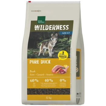Real Nature Wilderness Adult Pure Duck Hundefutterbeutel mit Wolfbild, 'Pure Duck'-Aufschrift, 60%/40%/0% Angaben und 12 kg.