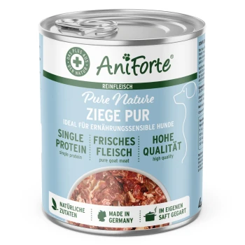 Dose AniForte Pure Nature Ziegenfleisch für Hunde, mit deutschen Etiketten, die "einzelnes Protein", "reines Ziegenfleisch" und "hohe Qualität" angeben.