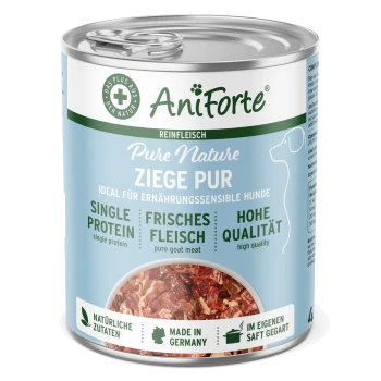 Dose AniForte Pure Nature Ziegenfleisch für Hunde, mit deutschen Etiketten, die "einzelnes Protein", "reines Ziegenfleisch" und "hohe Qualität" angeben.