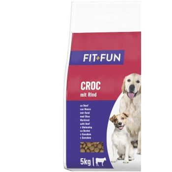 Worek karmy dla psów FIT+FUN „CROC z wołowiną” 5 kg, czerwono‑niebieskie opakowanie z dwoma psami i małym okienkiem pokazującym krokiety.