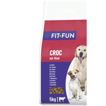 Tüte FIT+FUN Hundefutter „CROC mit Rind“ 5 kg, rot-blaues Paket mit zwei abgebildeten Hunden und kleinem Sichtfenster für Kroketten.