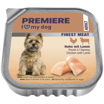 PREMIERE-diervoederlabel: 'I ♥ my dog' met klein pluizig hondje en stukjes kip. Tekst: 'Fijnste vlees'; 'Kip met lam'; 'VOLWASSEN'.