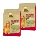 Zwei 11-25 kg Taschen von Select Gold Medium Senior Hundefutter, gekennzeichnet mit "Sensitive", mit einem goldenen Cocker Spaniel und Zutaten aus Ente und Kartoffel.