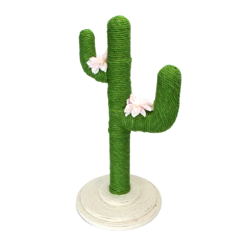 Grüner katzenförmiger Kratzbaum mit rosa Blumen, mit einer stabilen runden Basis aus natürlichem Seil.
