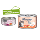 Zwei Dosen Katzenfutter "Moments": links "Missed You" (rosa, Huhn & Thunfisch), rechts "Moments to enjoy" (orange, graue Katze, Huhn & Thunfisch).