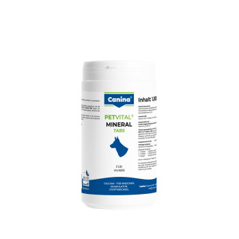 Canina Petvital Mineral Tabs für Hunde, blaue Hundesilhouette; sichtbarer Text: Canina, PETVITAL, FÜR HUNDE, Inhalt: 1.000.
