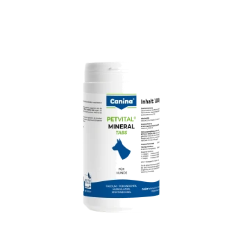 Canina Petvital Mineral Tabs für Hunde, blaue Hundesilhouette; sichtbarer Text: Canina, PETVITAL, FÜR HUNDE, Inhalt: 1.000.