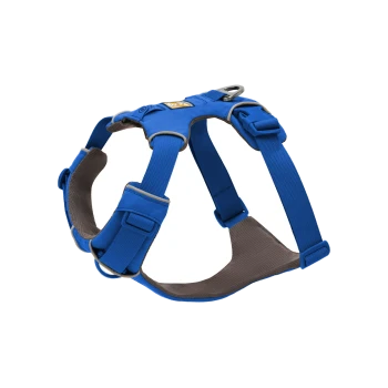 Blaues Hundegeschirr mit verstellbaren Riemen und einem gepolsterten Brustbereich, mit einem Metall-D-Ring zur Leinenbefestigung.