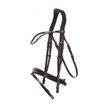 Schwarzes Leder-Ha harness mit dekorativen Strasssteinen am Riemen, zeigt verstellbare Schnallen und ein elegantes Design.
