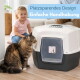 Getigerte Katze an einer Katzentoilette mit Haube; Bannertext: 'Platzsparendes Design, Einfache Handhabung'.