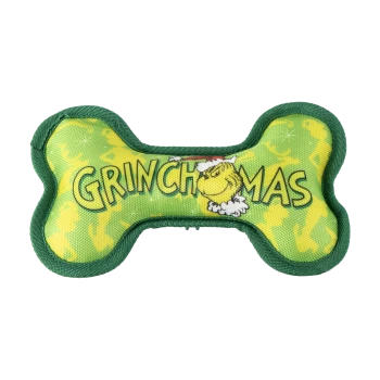 Green and yellow bone-shaped dog toy with "GRINCHMAS" text and Grinch wearing a Santa hat on white background.