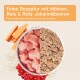Zutaten für Haustierfutter mit gewürfeltem Fleisch, einer Schüssel mit Nassfutter, Karotten, Reis und roten Johannisbeeren, mit Text auf Deutsch und Englisch.
