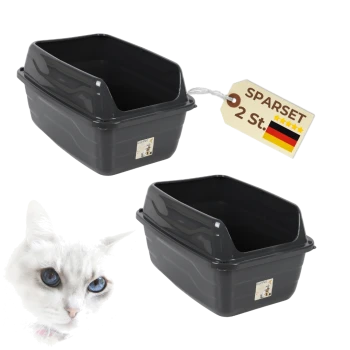 Zwei dunkelgraue Katzentoiletten mit hohem Rand, weißem Katzenkopf und Anhänger mit der Aufschrift 'SPARSET 2 St.' und deutscher Flagge.