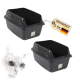 Zwei dunkelgraue Katzentoiletten mit hohem Rand, weißem Katzenkopf und Anhänger mit der Aufschrift 'SPARSET 2 St.' und deutscher Flagge.