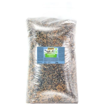 Ein 25-kg-Sack MultiFit Vogelfutter mit einem blauen Etikett, auf dem das Wort "STREUFUTTER" steht, und Bildern von Vögeln, verpackt in klarem Plastik.